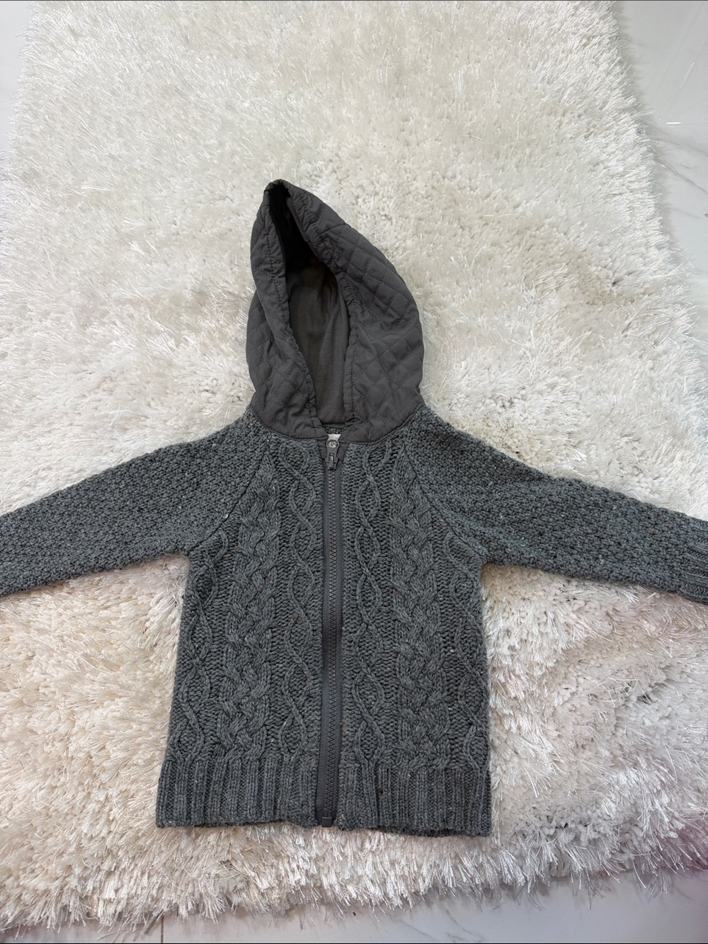 Kids Quilted Hooded Cable-Knit Zip Sweater - Gray